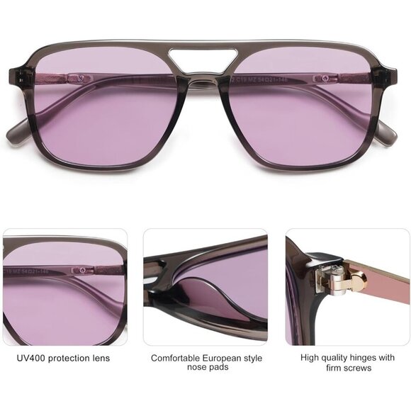 Women\'s Grey Purple Trendy Rectangle Retro Aviator Sunglasses Elegant Frame